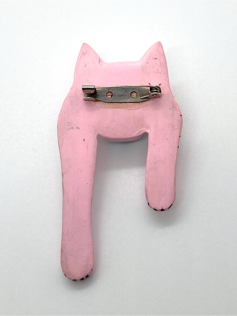 3” Wooden Pink Cat with Mint Nose Brooch - Hand Made Vintage - Picture 2 of 2